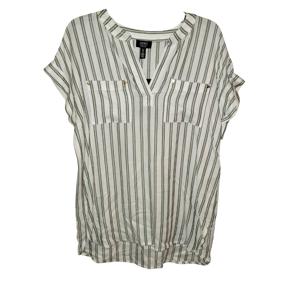Jones New York Women's Striped White/Basil woven top. Size small NWT